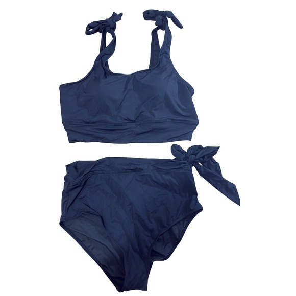 Yonique Black Tie Strap High Waist Two Piece Swimsuit Women's Bathing Suit - Picture 1 of 10